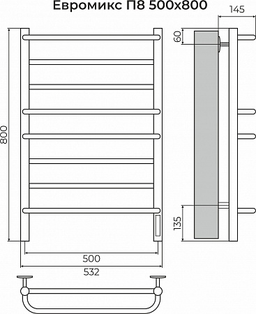 Евромикс П8 500х800 электро КС 9005 матовый ( new встроен диммер) Полотенцесушитель TERMINUS Анадырь - фото 3